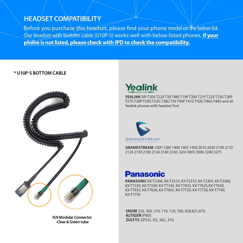IPD IPH-165 Phone Headset with Noise Cancelling Microphone for Office and Call Center - Compatible with with All Yealink SIP,Snom, Greandsteam,& LG landline Phones - Image 2